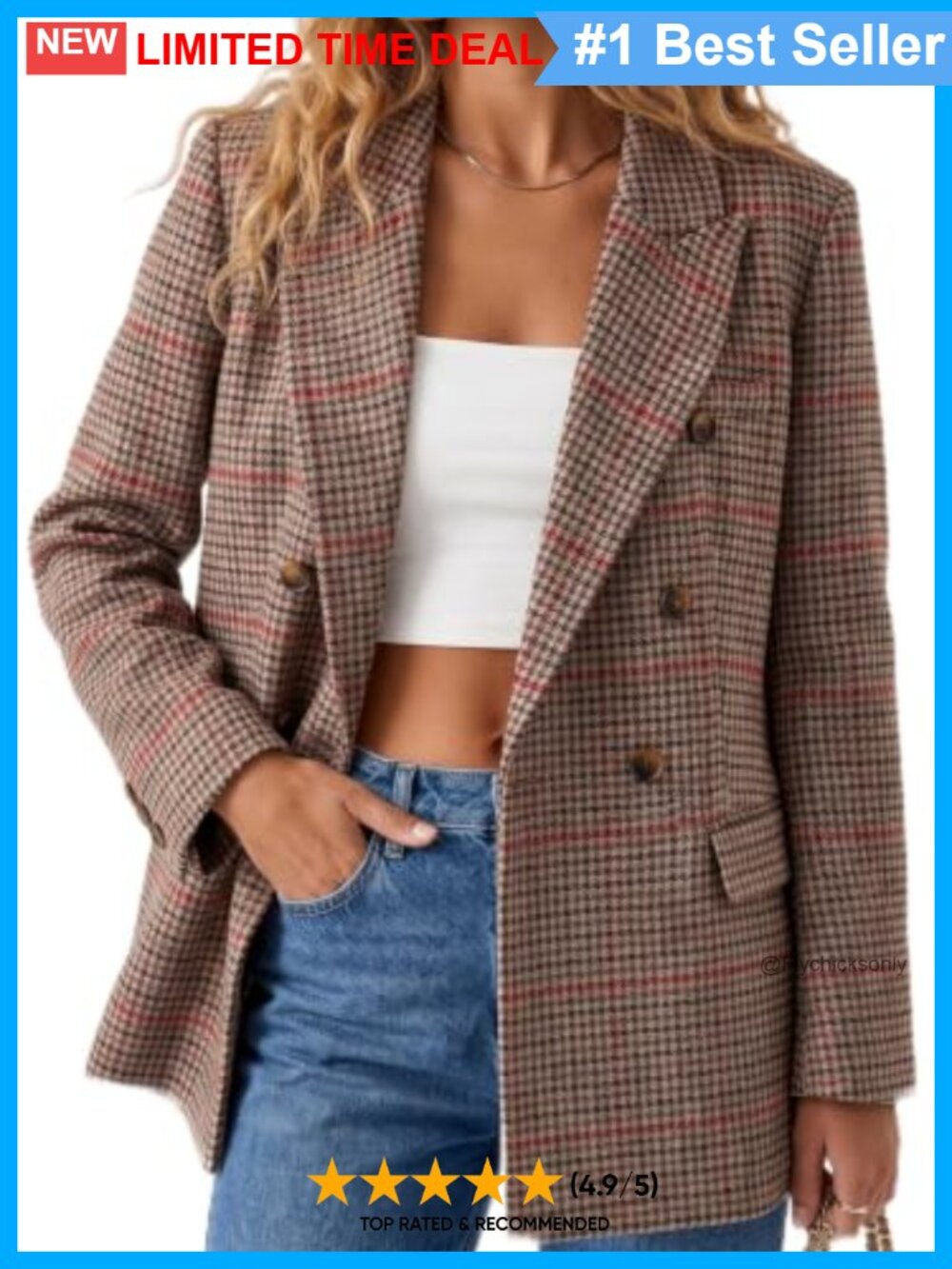 Wool Blend Tweed Plaid Blazer Slim Fit Business Casual Jacket
